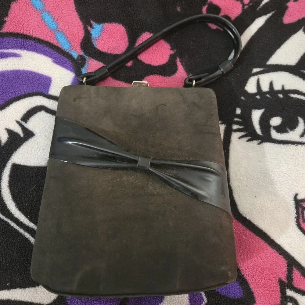 Vintage 1950s Black Suede Kiss Lock Evening Purse Patent Bow Cocktail Handbag